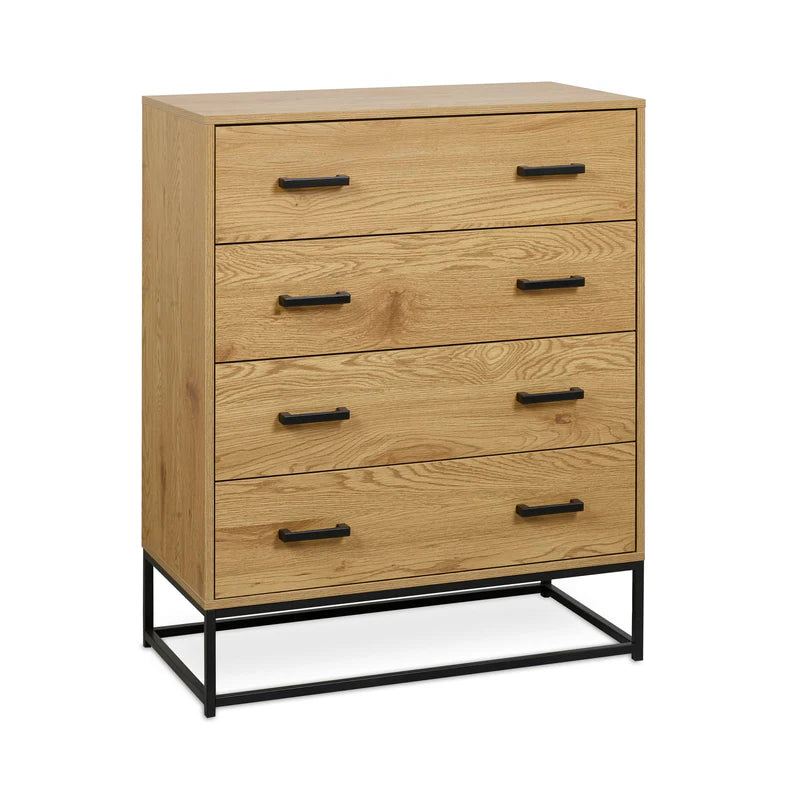 Wooden dresser with four drawers and black metal legs on a white background