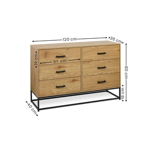 Wooden dresser with dimensions labeled on a white background