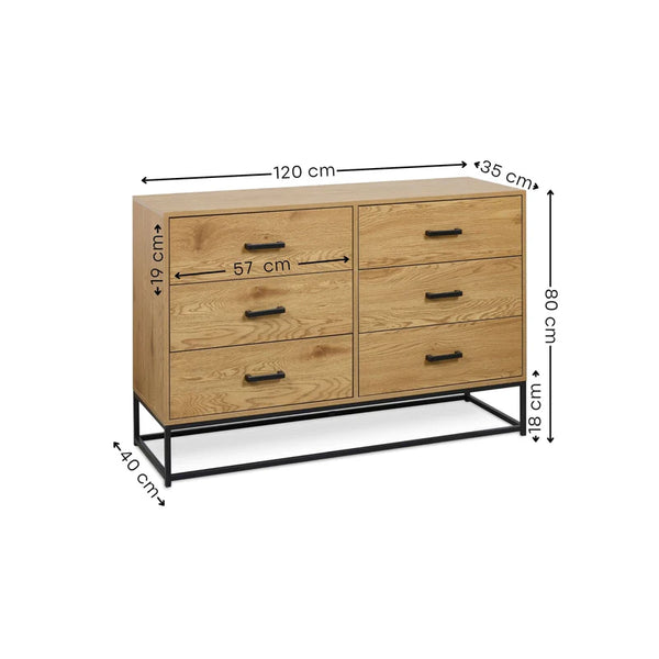 Wooden dresser with dimensions labeled on a white background