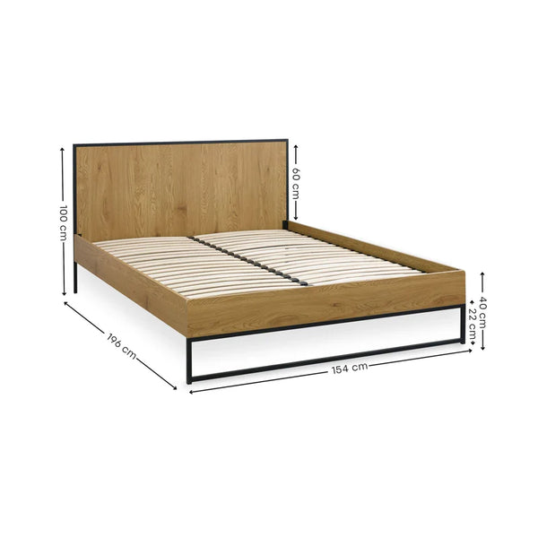 Wooden bed frame with dimensions on a white background