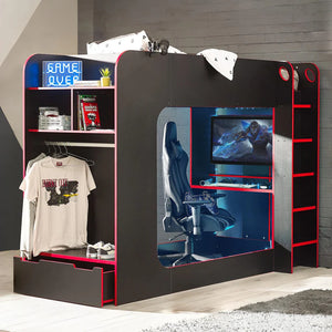 Gaming room setup with a desk, chair, and shelves displaying gaming merchandise.