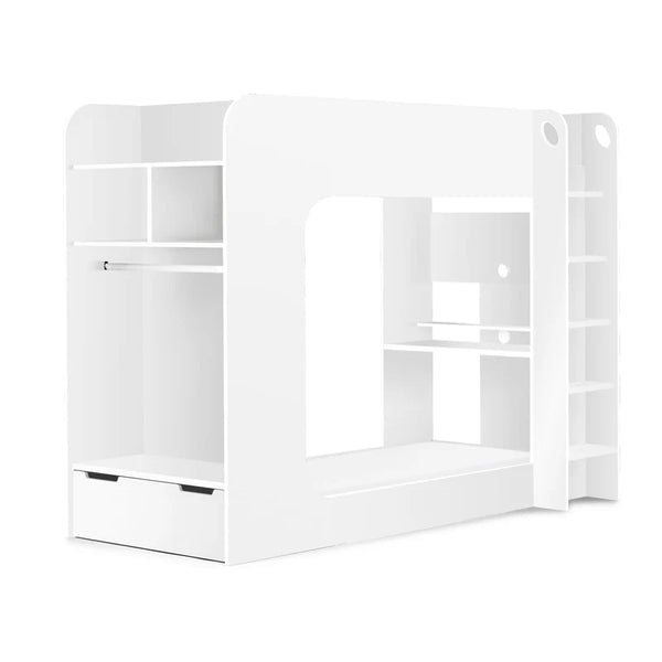 White children's bunk bed with multiple levels on a white background