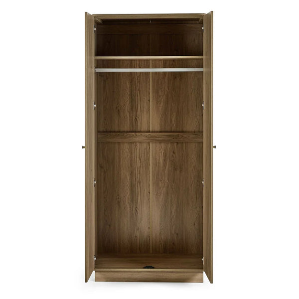 Wooden wardrobe with open doors on a white background