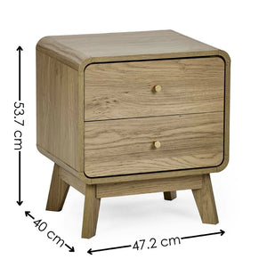 Wooden nightstand with dimensions labeled on a white background