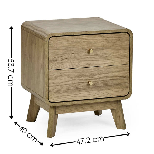 Wooden nightstand with dimensions labeled on a white background