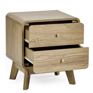 Wooden nightstand with two drawers on a white background