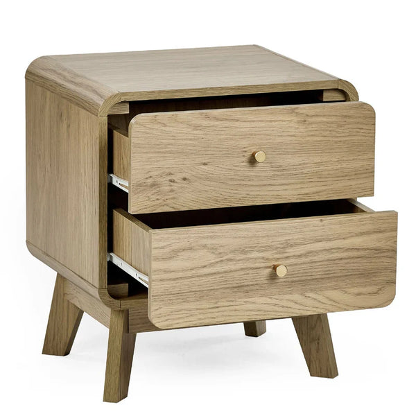 Wooden nightstand with two drawers on a white background