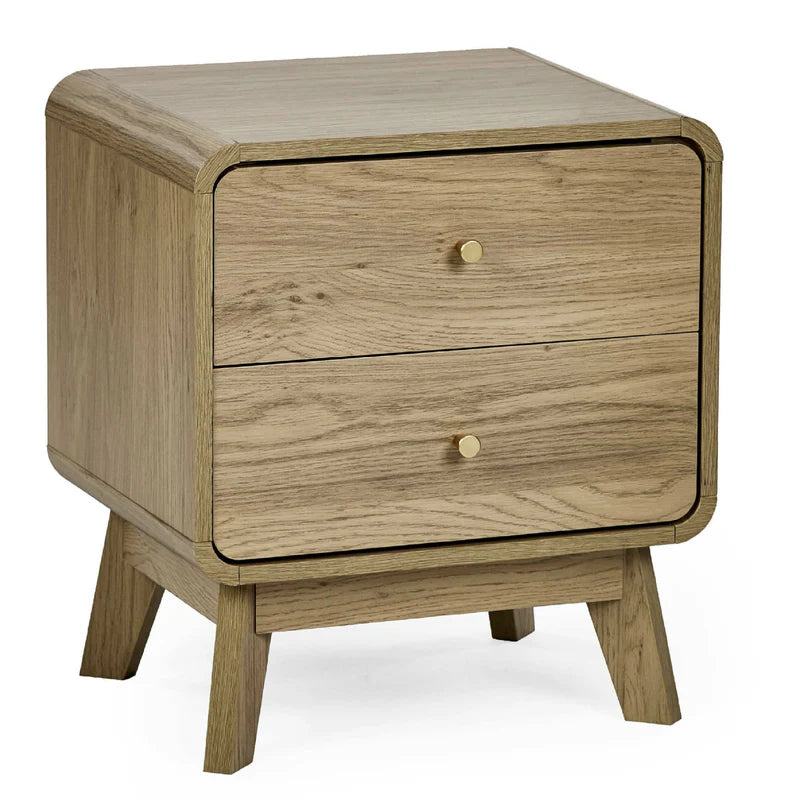 Wooden nightstand with two drawers on a white background