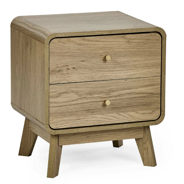 Wooden nightstand with two drawers on a white background
