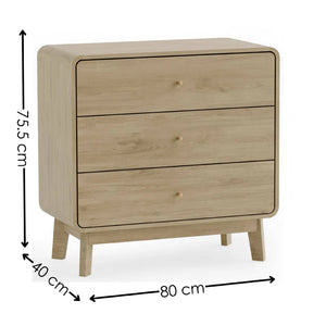 Wooden dresser with dimensions labeled on a white background