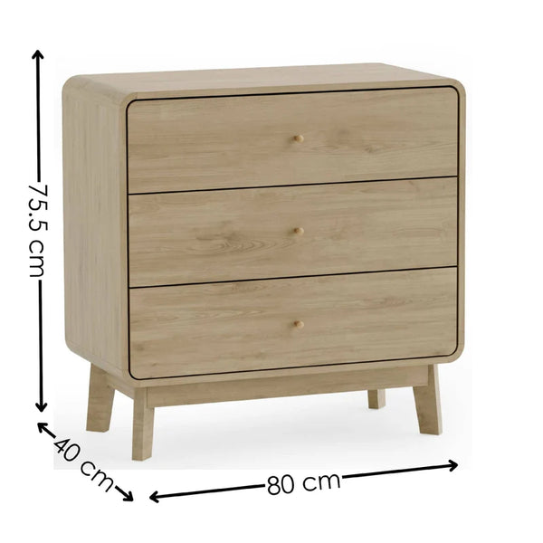 Wooden dresser with dimensions labeled on a white background