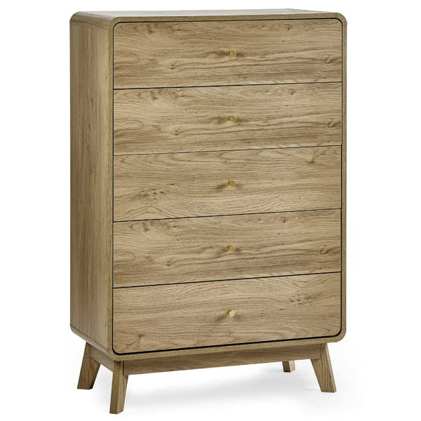 Wooden dresser with five drawers on a white background