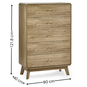 Wooden dresser with dimensions indicated on a white background