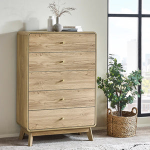 Wooden dresser with five drawers in a room with a plant and window.