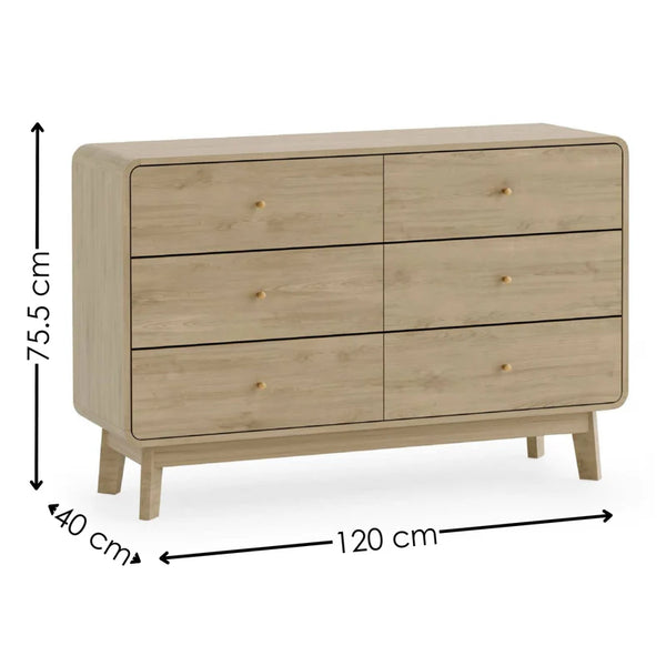 Wooden dresser with dimensions indicated on a white background