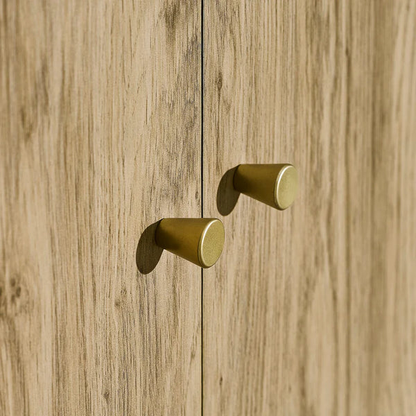 Two gold cabinet knobs on a wooden door