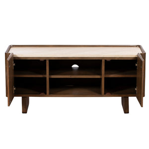 Wooden TV stand with open shelves on a white background