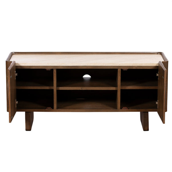 Wooden TV stand with open shelves on a white background