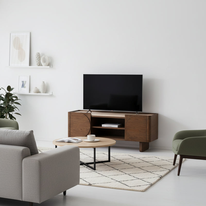 Wooden TV stand with open doors on a white background