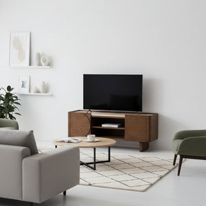 Wooden TV stand with open doors on a white background
