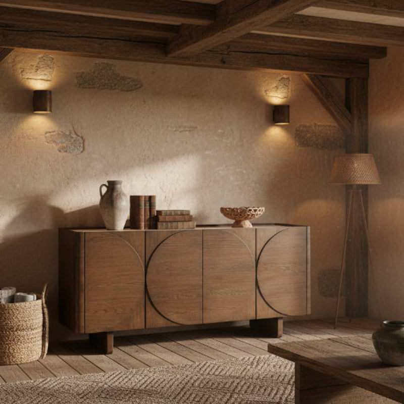 Wooden sideboard with circular design on a white background