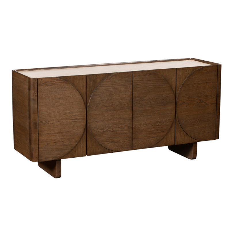 Wooden sideboard with circular design on a white background