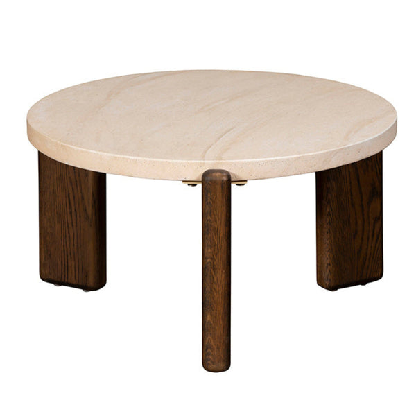 Round coffee table with marble top and wooden legs on a white background