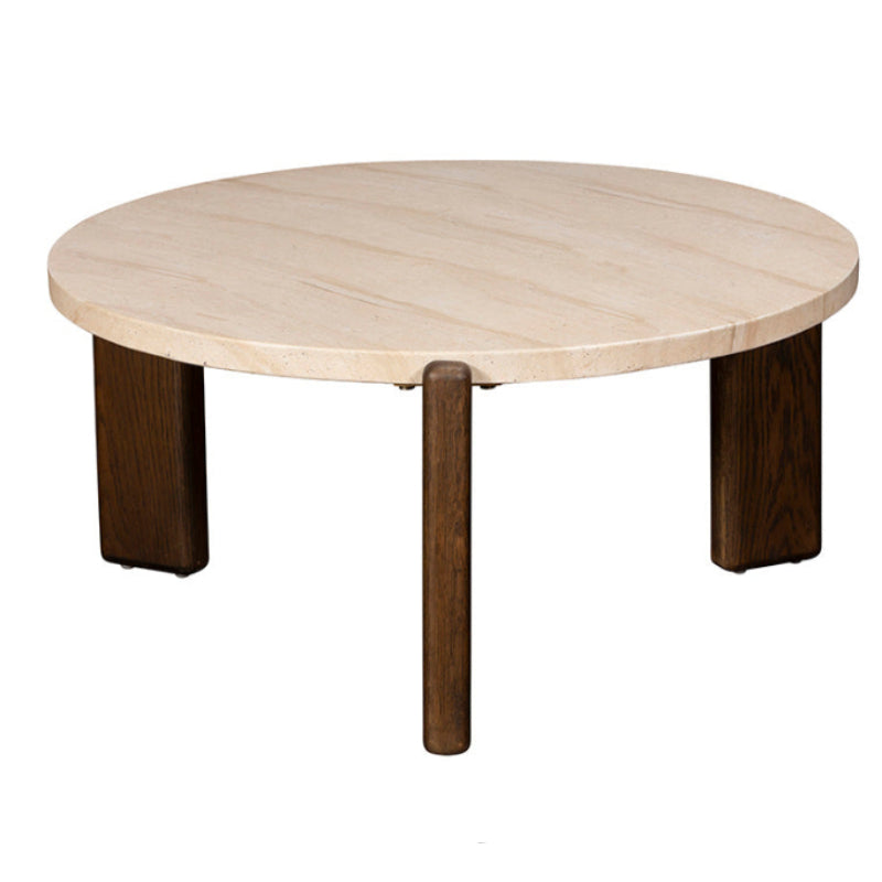 Round wooden table with light beige top and dark brown legs on a white background