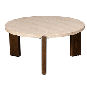 Round wooden table with light beige top and dark brown legs on a white background