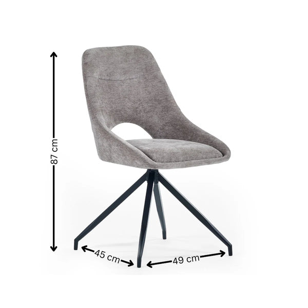 Gray chair with black metal legs and dimensions indicated on a white background