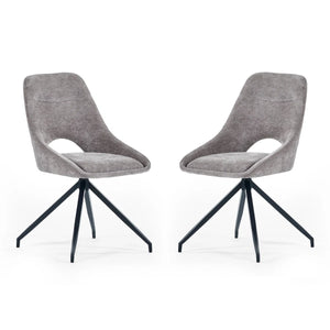 Two gray upholstered chairs with black metal legs on a white background