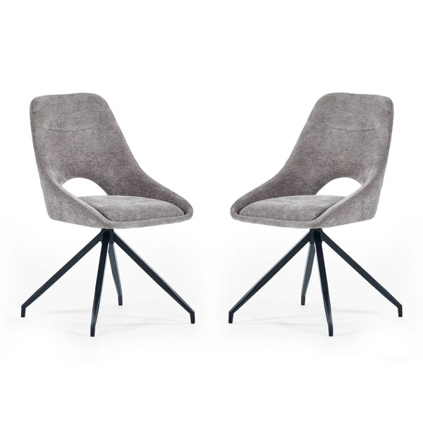 Two gray upholstered chairs with black metal legs on a white background