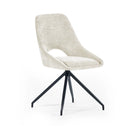 BEIGE SWIVEL DINING CHAIR ON BLACK LEGS WITH A WHITE BACKGROUND