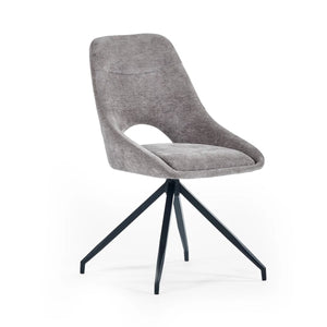 GREY DINING CHAIR WITH BLACK LEGS ON A WHITE BACKGROUND