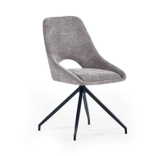 GREY DINING CHAIR WITH BLACK LEGS ON A WHITE BACKGROUND