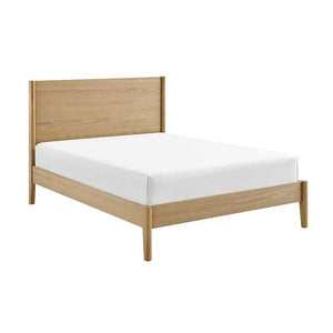 Wooden bed frame with white mattress on a white background