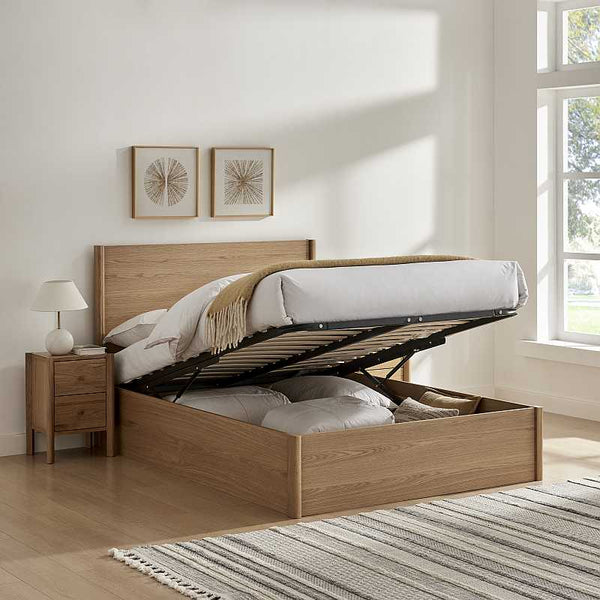 Wooden bed with storage compartments in a bedroom setting