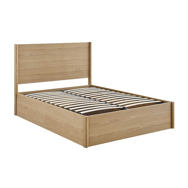 Wooden bed frame with slatted design on a white background
