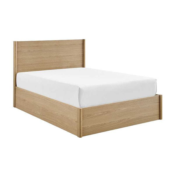 Wooden bed frame with white mattress on a white background