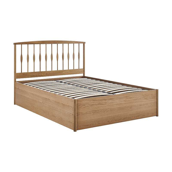 Wooden bed frame with slatted design on a white background