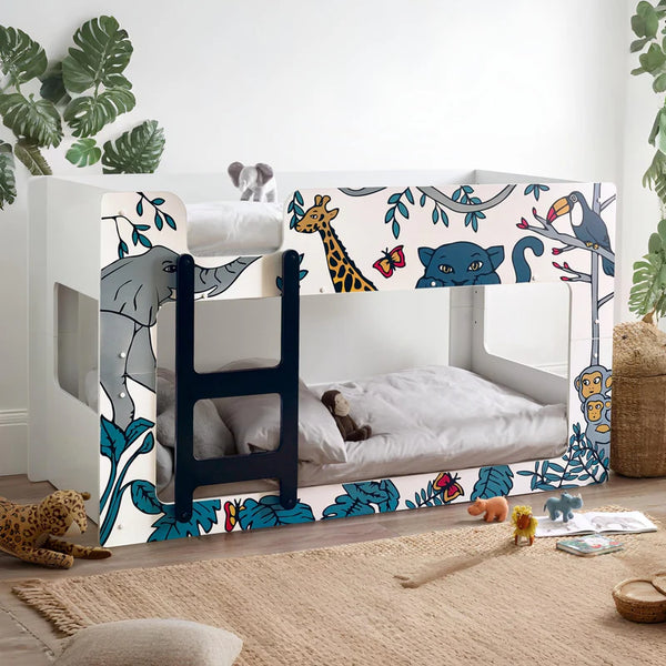 Children's room with a bed and play area featuring animal-themed design