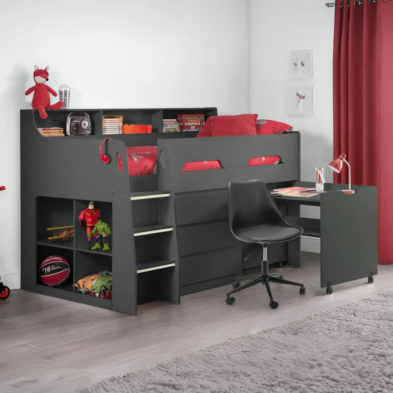 Gray children's bed with storage drawers and shelves on a white background
