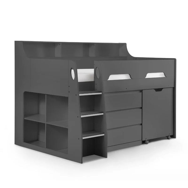 Gray children's bed with storage drawers and shelves on a white background
