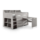 Gray wooden bed with desk and shelves on a white background