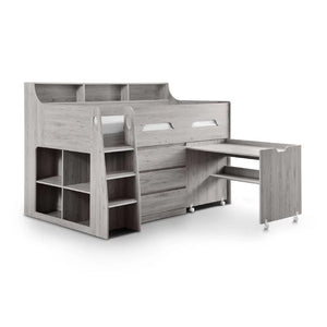 Gray wooden bed with desk and shelves on a white background
