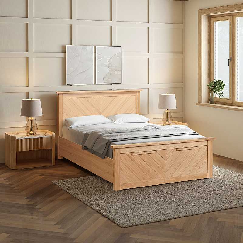 Wooden bed frame with white bedding on a white background
