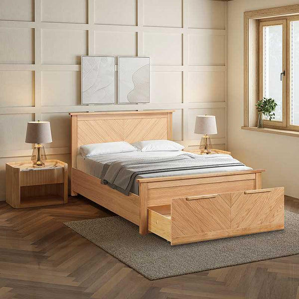Wooden bed with storage drawers in a bedroom setting