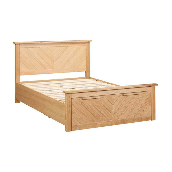 Wooden bed frame with a white background