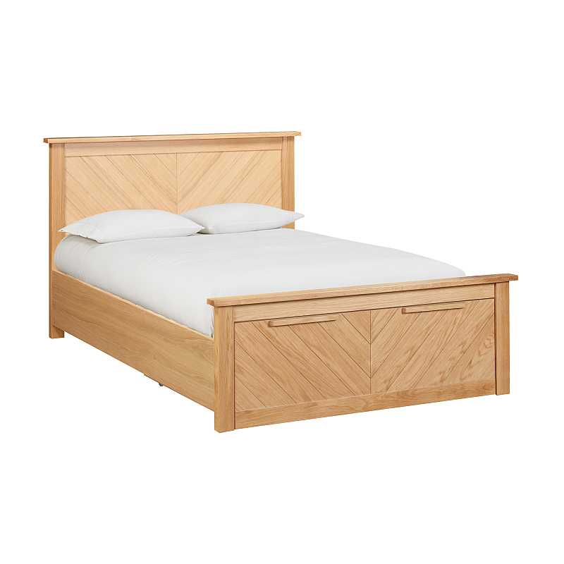 Wooden bed frame with white bedding on a white background