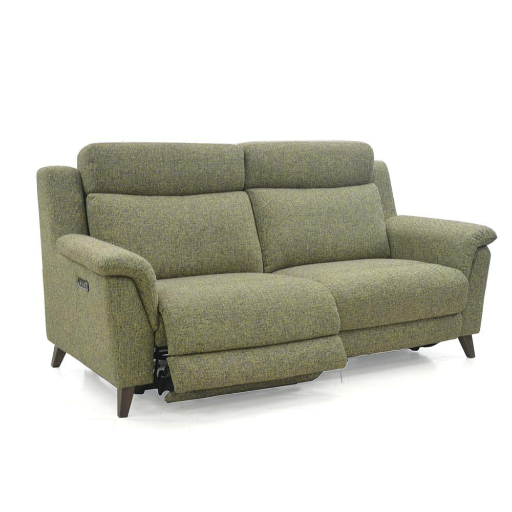 Green sofa with reclining feature on a white background